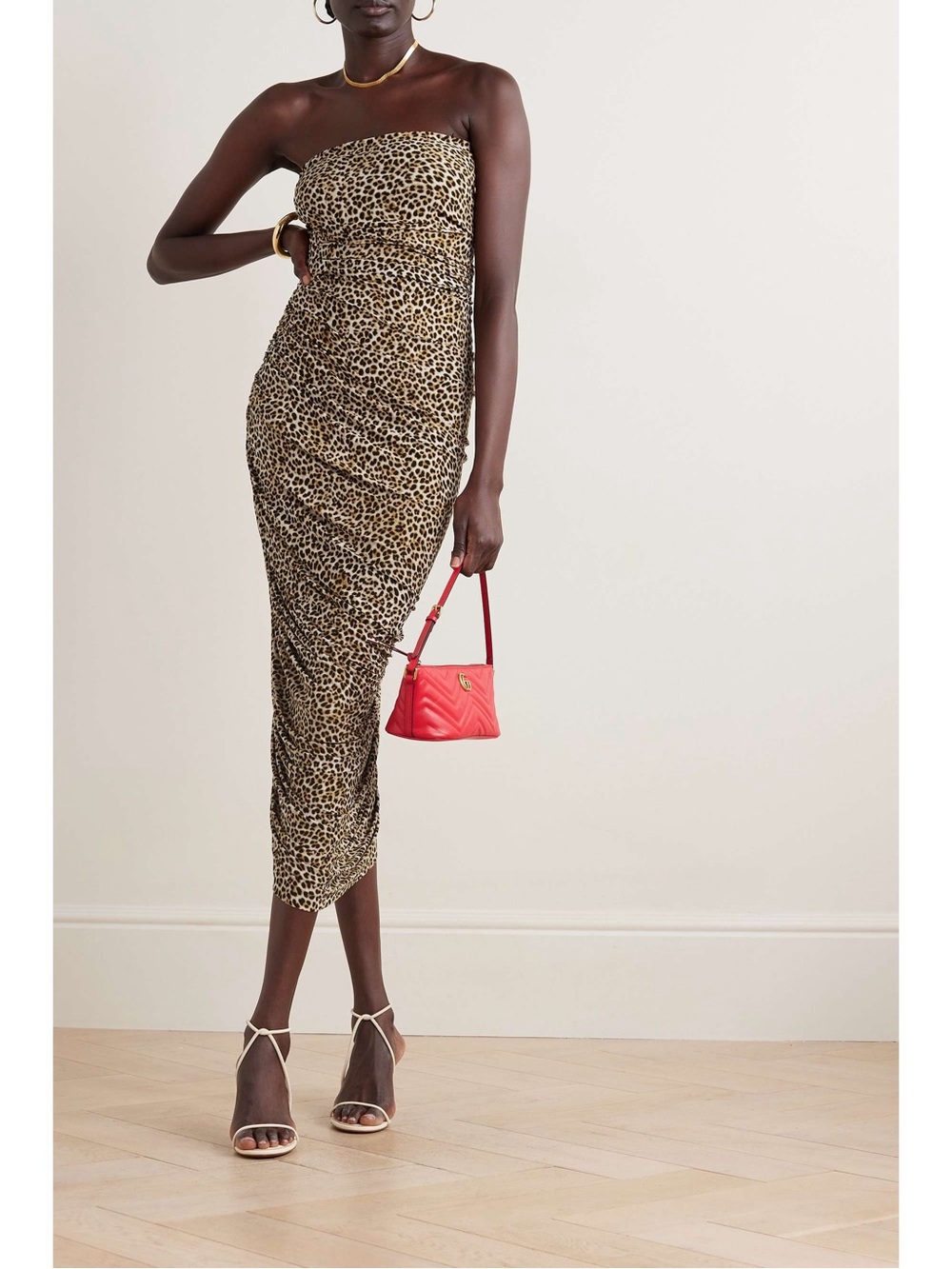 Norma Kamali Leopard Print Strapless Midi Skirt